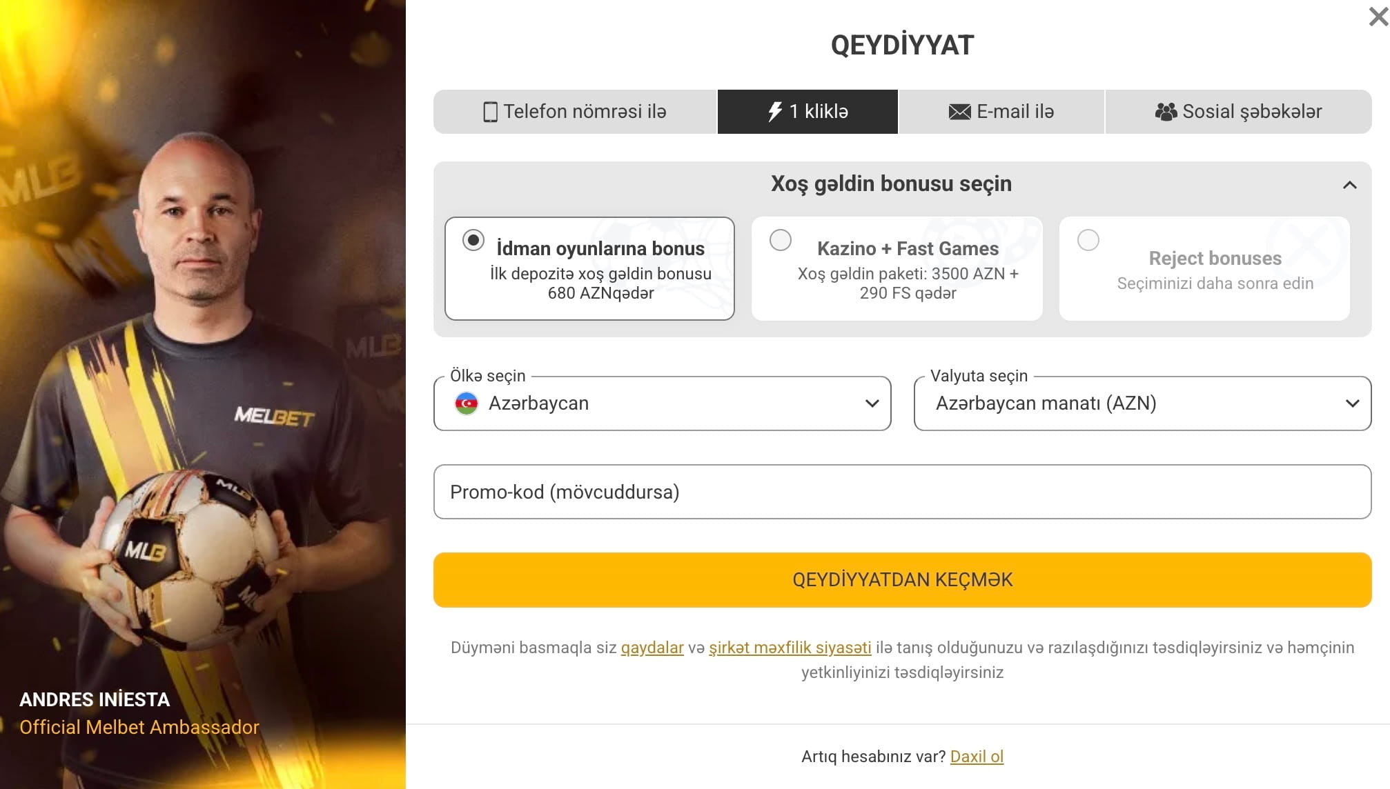 Sürətli Melbet qeydiyyatı
